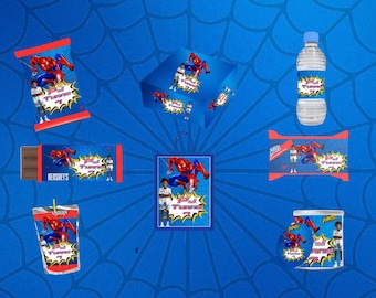 Plantillas de obsequios para fiestas de cumpleaños de Spiderman, bolsas de papas fritas, envoltorios de Rice Krispies, golosinas de cumpleaños, golosinas personalizadas, obsequios para fiestas infantiles editables