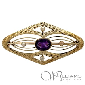 Antique 14 Karat Yellow Gold Amethyst and Seed Pearl Brooch