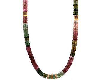Sophie Gems 14ky Watermelon Tourmaline Bead and Fluted Gold Bead Necklace, 16.25"