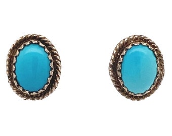 Sterling Silver Fred Harvey Turquoise Oval Cabochon Southwestern Earrings