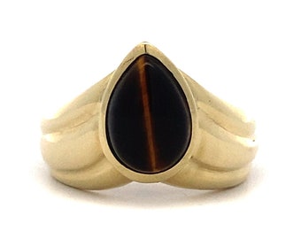 Vintage 18ky Gold Bezel Tiger Eye Ribbed V Ring, "R. Stone"