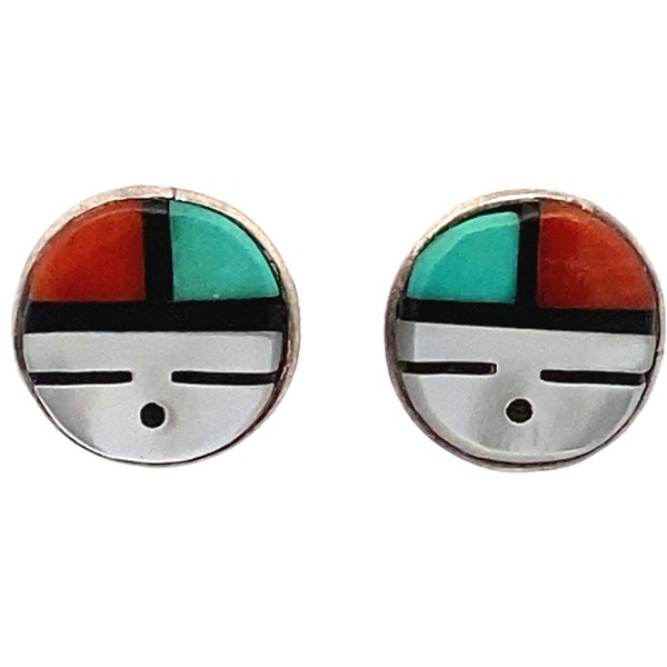 Silver Multi-Stone Inlay Zuni Sunface Stud Earrings