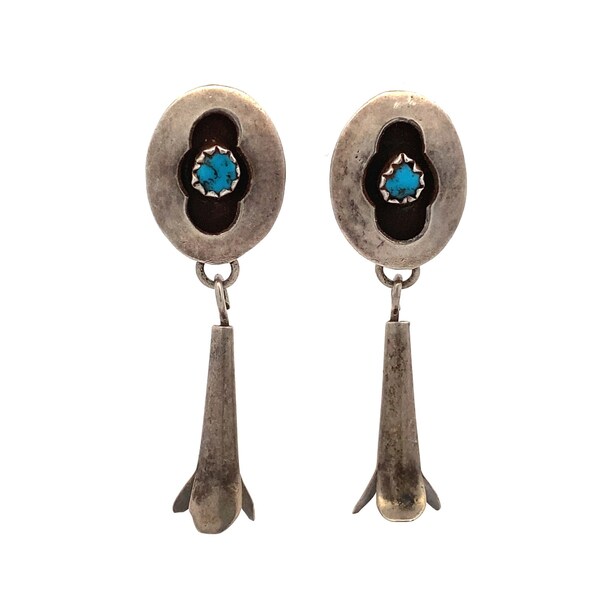 Vintage Silver Turquoise Shadowbox Squash Blossom Dangle Earrings