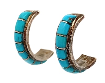 Sterling Silver Zuni Keith Nastacio Turquoise Inlay Half Hoop Earrings