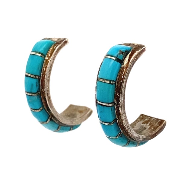 Sterling Silver Zuni Keith Nastacio Turquoise Inlay Half Hoop Earrings