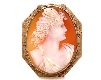 May include: An octagonal gold-tone cameo brooch featuring a carved profile of a woman with curly hair and a draped garment. The cameo is set against an orange background and framed by an ornate gold border. The brooch is a piece of jewelry.