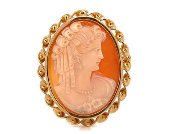 Estate Mid-Century 18ky Carved Cameo Twisted Frame Brooch, c.1940's