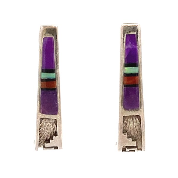 Sterling Silver Jet, Spiny Oyster Shell, Sugilite, and Gilson Opal Inlay Southwestern Earrings, Artist Signed