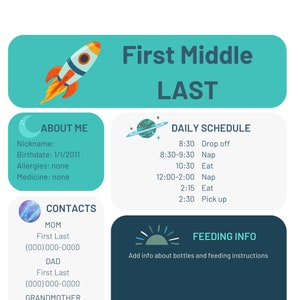 Daycare Child Info Sheet EDITABLE blue space