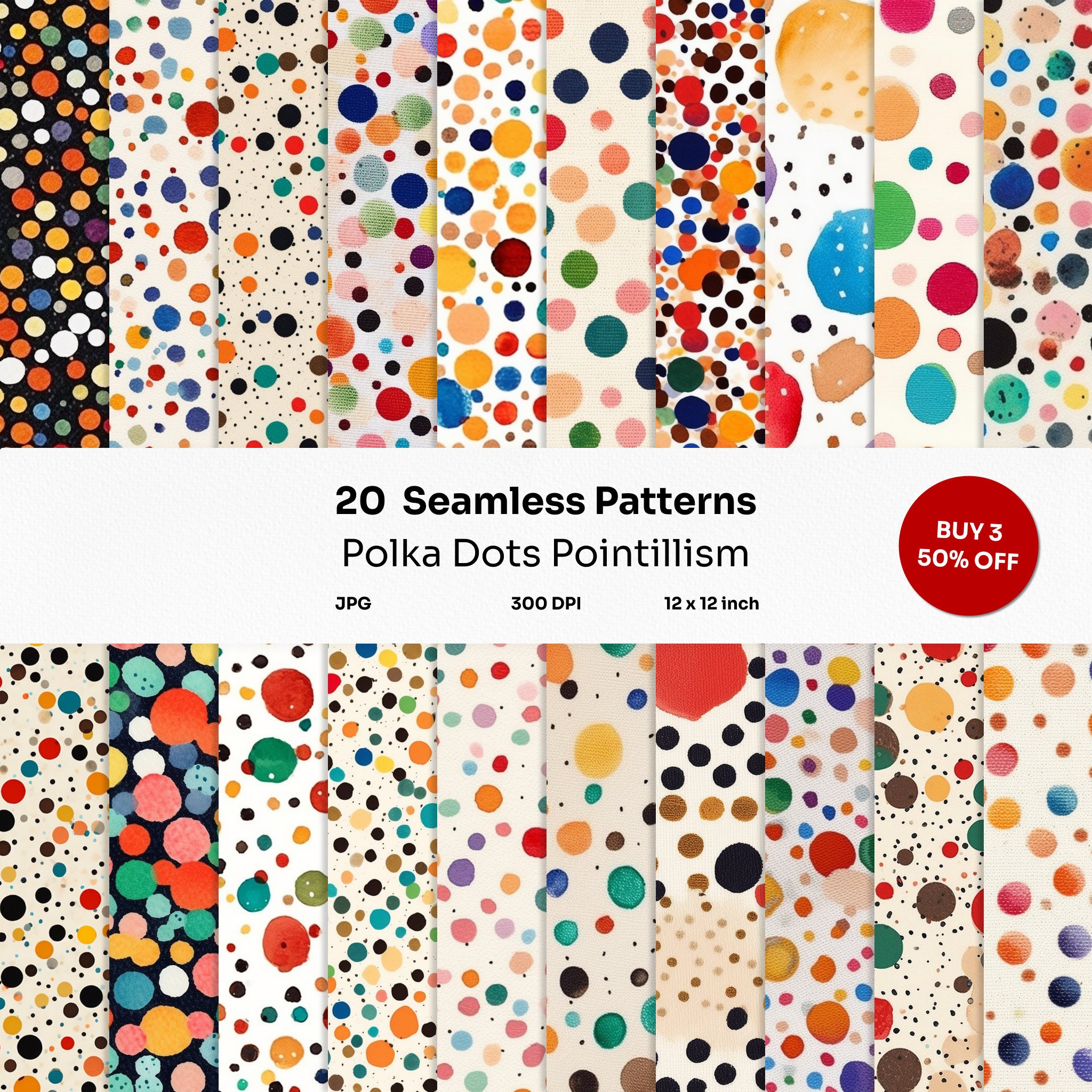 Polka Dots Pointillism Abstract Digital Prints: 20 Seamless Patterns, Vibrant Spots, Scrapbooking, Backgrounds, Wallpaper, Commercial Use