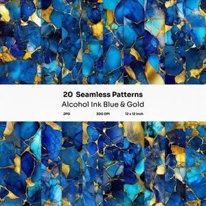 May include: 20 seamless patterns of blue and gold alcohol ink. The patterns are abstract and resemble a cracked surface. The patterns are 12 inches by 12 inches and 300 DPI.