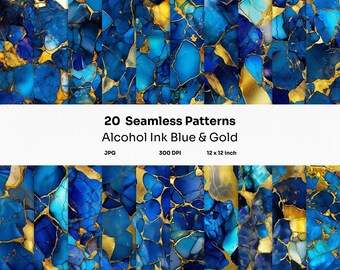 Papel digital abstrato com tinta de álcool azul e dourado: 20 padrões sem costura, impressões vibrantes, scrapbooking, planos de fundo, papel de parede, uso comercial