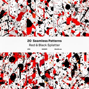 May include: A collection of 20 seamless patterns featuring red and black splatter designs on a white background. The patterns are displayed in a grid, showcasing various abstract paint splatters. The image includes the text "20 Seamless Patterns Red & Black Splatter".