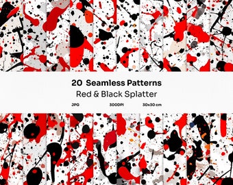 Splatter Red & Black Abstract Digital Prints: 20 Seamless Patterns, Paint, Kids, Fun, Scrapbooking, Backgrounds, Wallpaper, Commercial