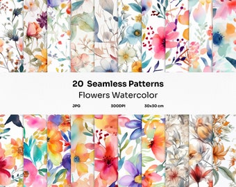 Flowers Watercolor Abstract Digital Prints: 20 Seamless Patterns, Bright, Floral, Colorful, Scrapbooking, Backgrounds, Wallpaper, Commercial