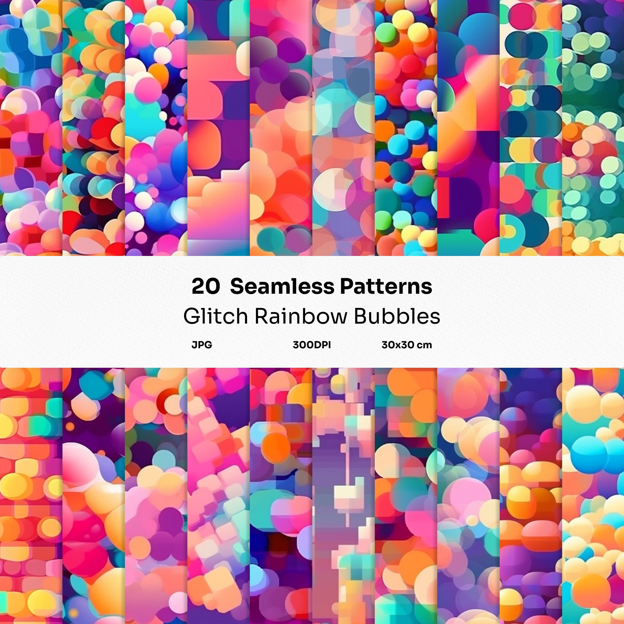 Glitch Rainbow Bubbles Abstract Digital Prints: 20 Seamless Patterns ...
