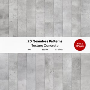 以下が含まれることがあります： 20種類のシームレスなコンクリートテクスチャパターンをコラージュ。各パターンは12インチ×12インチ、300DPI。テキスト「BUY 3 50% OFF」は赤い円の中にあります。