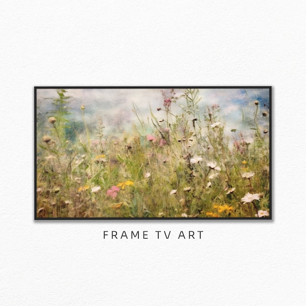 Samsung Frame Vintage Summer TV Art: Wildflowers Digital Wallpaper Decor, Field, Meadow Landscape Painting, Encaustic Artwork #8