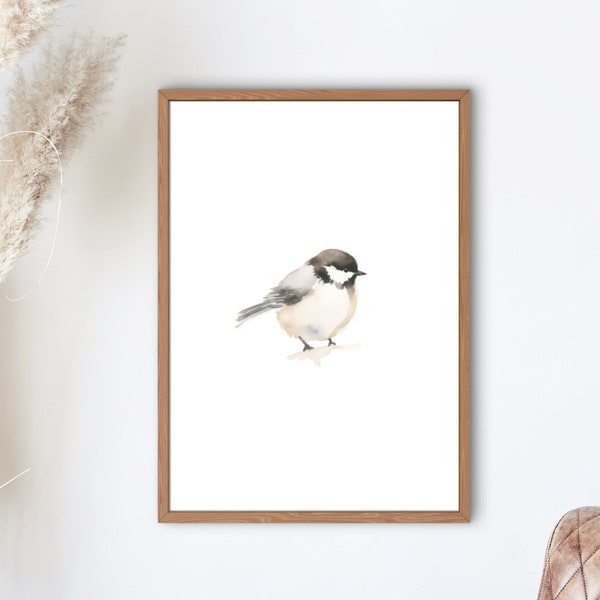 Chickadee Watercolor Painting, Colorful Aquarelle Digital Wall Art, Printable Instant Download