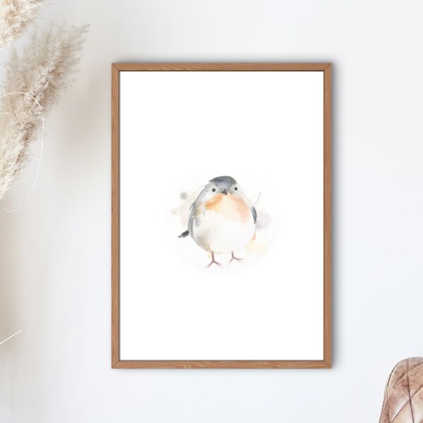 Robin Watercolor Painting, Colorful Aquarelle Digital Wall Art, Printable Instant Download