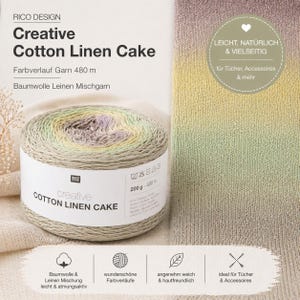 Op de afbeelding: Een bol Creative Cotton Linen Cake garen met een kleurovergang van groen, geel en paars. Het etiket geeft 200g en 480 meter aan. Het garen is ontworpen voor sjaals en accessoires.