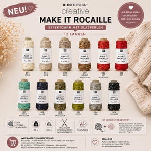 Könnte beinhalten: Zwölf Garnrollen Rico Design Creative Make It Rocaille Effektgarn mit Glasperlen, jeweils 50g schwer und 280m lang. Die Rollen sind in verschiedenen Farben dargestellt, darunter Creme, Sand, Beige, Nougat, Rot, Türkis, Marine, Khaki, Grün, Grau und Schwarz.