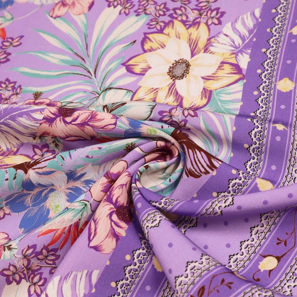 Viscose fabric with a tropical floral pattern and border, 100% viscose, great summer fabric in the latest colour