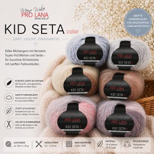 May include: A selection of Kid Seta colour yarn balls in soft pastel hues, such as blue, beige, and pink. Each ball features a black label with white text. The image also includes text detailing the yarn's composition and care advice.