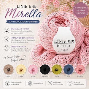 Könnte beinhalten: Ein Knäuel rosa Mirella-Garn mit Etikett, dargestellt mit einem passenden Strickmuster. Das Etikett lautet "LINIE 545 Mirella". Das Bild zeigt auch Farboptionen: Beige, Creme, Rosa, Schwarz, Grün, Blau und Hellrosa.