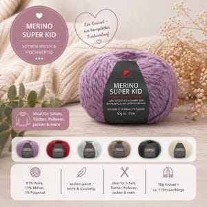 Könnte beinhalten: Ein Knäuel lila Merino Super Kid-Garn mit einem schwarzen Etikett. Das Etikett gibt an, dass das Garn aus 81 % Wolle, 12 % Mohair und 7 % Polyamid besteht. Das Bild zeigt auch andere Farben des Garns und den Text "Ideal für Schals, Tücher, Pullover, Jacken & mehr".