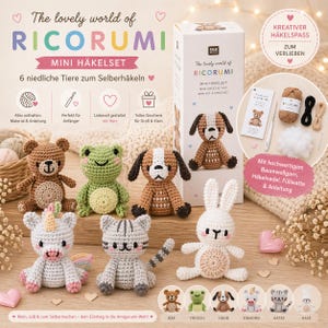 May include: A collection of crocheted amigurumi animals, including a bear, frog, dog, unicorn, cat, and rabbit. The image also shows a kit with yarn, a crochet hook, and instructions. Text on the box reads "Mini Crochet Kit".