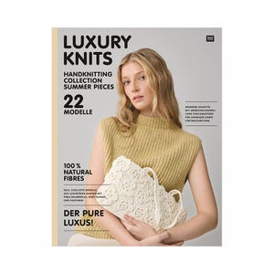 May include: A magazine cover titled "LUXURY KNITS" features a woman holding a white, crocheted handbag. The cover includes text about handknitting, summer pieces, and natural fibers. The woman wears a yellow-green knitted top.