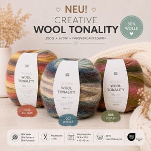 Op de afbeelding: Drie bollen Creative Wool Tonality garen in de kleuren herfst, winter en bos. Elke bol weegt 200g en bevat 670m garen. De labels vermelden een samenstelling van 50% wol, 30% polyacryl en 20% polyamide, met een naaldgrootte van 4mm.