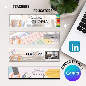 May include: A bundle of four Canva social media banner templates for teachers and educators. The banners feature colorful backgrounds with images of pencils, crayons, and other school supplies. The text on the banners includes the names of the teachers, their titles, and the names of their classes. The banners also include the text "Let's Connect" and "Bundle Set of 4 Canva".