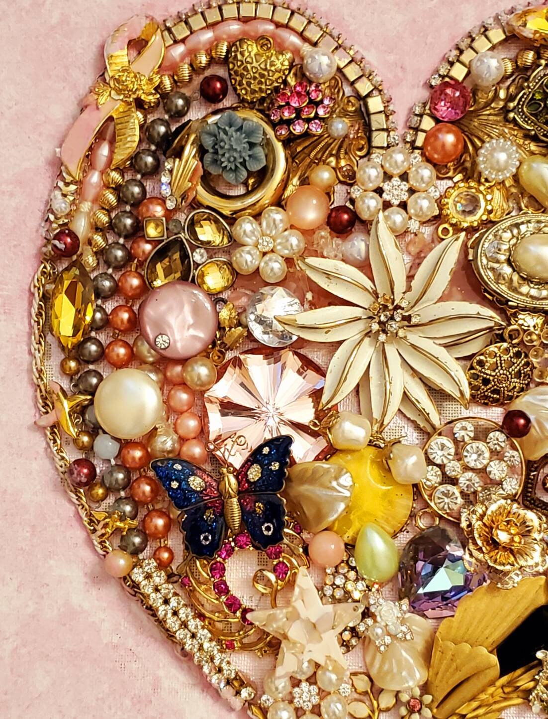 Jewelry Heart Wall Art, Embellished Canvas, Pink Background, Framed