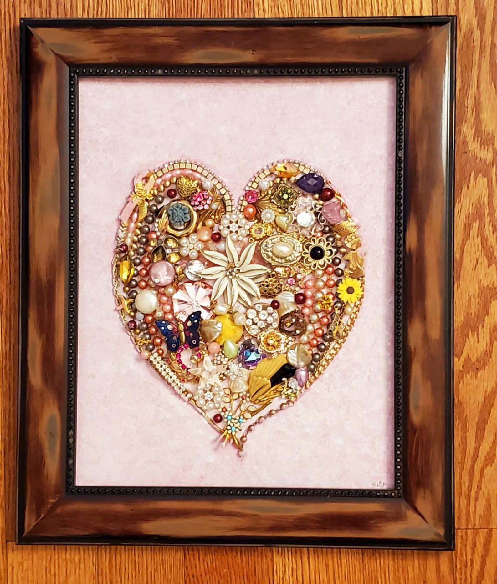 Jewelry Heart Wall Art, Embellished Canvas, Pink Background, Framed