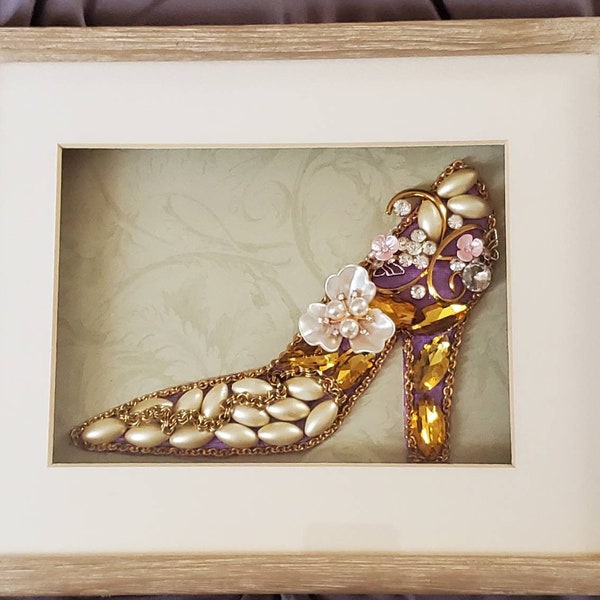 Princess Shoe Canvas, Jewelry Art, Painted Canvas, Shadow Box, Matted, Framed Wall Decor, Repurposed Vintage Jewelry, Embellished High Heel