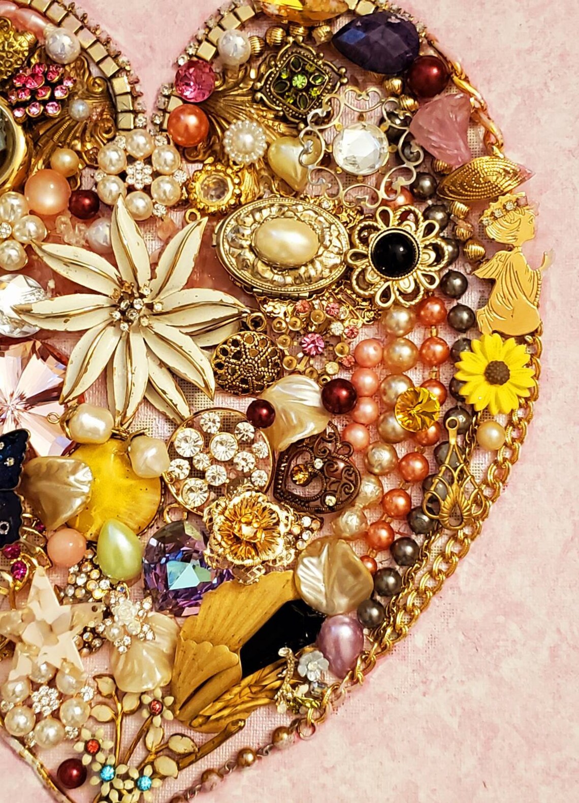 Jewelry Heart Wall Art, Embellished Canvas, Pink Background, Framed