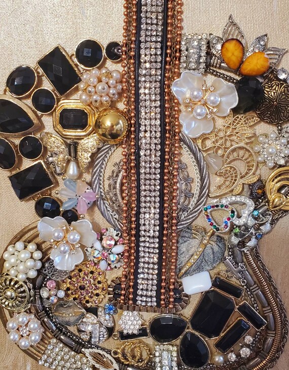 Jewelry Guitar Canvas Art, Vintage Assemblage Design, Rhinestones
