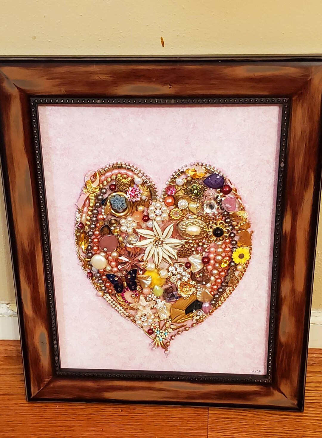 Jewelry Heart Wall Art, Embellished Canvas, Pink Background, Framed Canvss, Repurposed Vintage