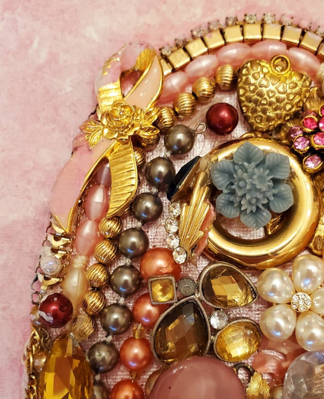 Jewelry Heart Wall Art, Embellished Canvas, Pink Background, Framed