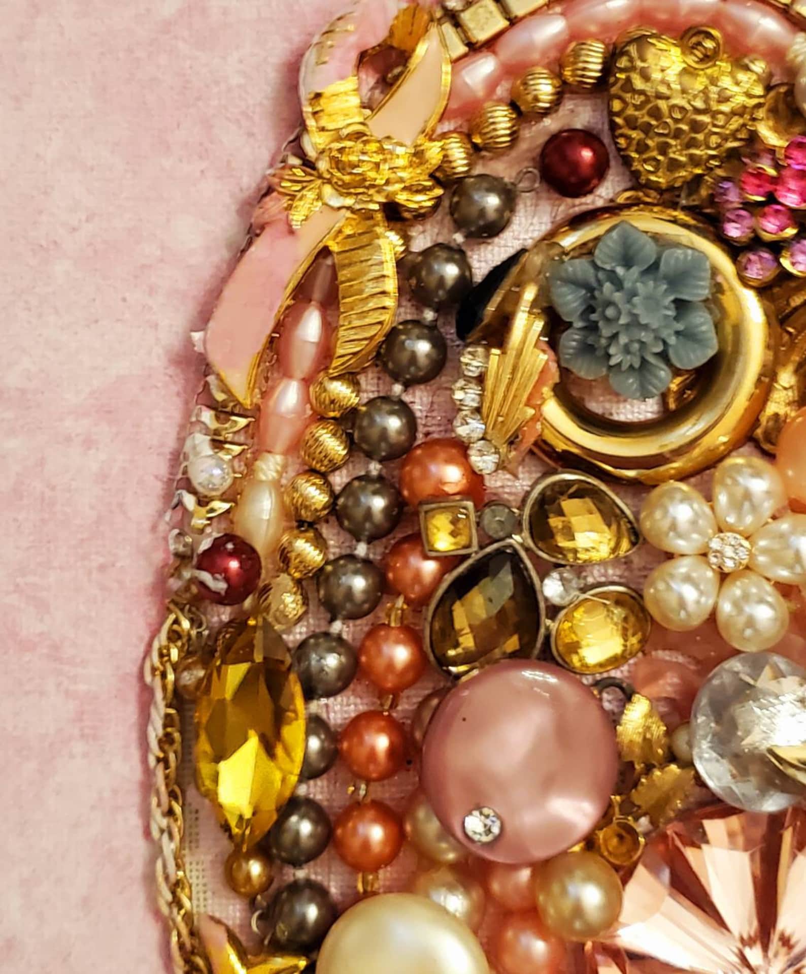 Jewelry Heart Wall Art, Embellished Canvas, Pink Background, Framed