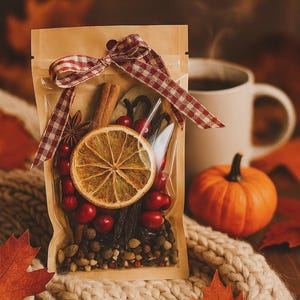 May include: A clear cellophane bag filled with dried orange slices, cinnamon sticks, star anise, and red berries, tied with a red and white checkered ribbon. A small orange pumpkin and a white mug are in the background, suggesting a fall theme.
