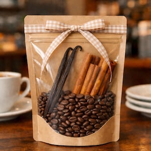 May include: A clear-windowed kraft paper bag filled with coffee beans, vanilla beans, and cinnamon sticks. The bag is tied with a tan and white checkered ribbon. A cup of coffee and plates are in the background.