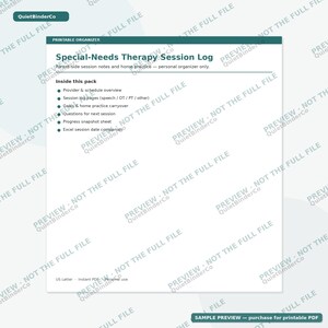 May include: A white printable organizer page titled Special-Needs Therapy Session Log with dark teal headers. It lists contents including provider and schedule overview, session log pages, goals, home practice, questions, progress sheet, and Excel companion.