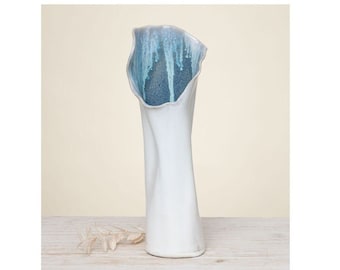 Handmade Italian Ceramic Vase – Blue Crackle Interior, White Glazed Exterior for Fresh & Dried Flowers | Artisan Gift, Durable Stoneware