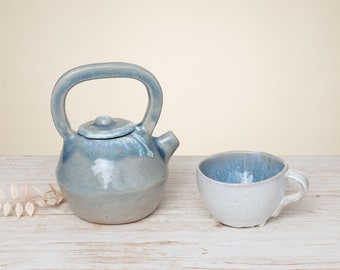 Handmade Blue Crackle Teapot with White Accents | Artisan Italian Pottery | Unique Stoneware Tea Set, Completely Hand-Painted in Italy