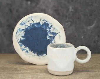 Handmade Coffee Cup and Saucer Set | White Blue Crackle Stoneware | Unique Gift for Coffee Lovers | Modern Home Decor | Artisan Pottery