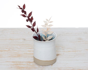 Handmade Beige Ceramic Vase with White Rim & Blue Crackle Interior | Artisan Italian Pottery | Unique Rustic Home Decor for Your Space