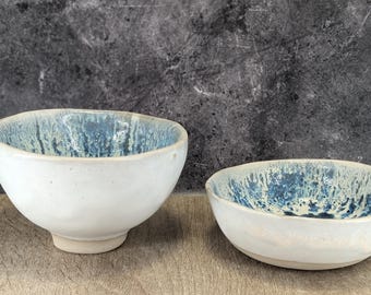 Set of 2 Handmade Ceramic Bowls - Artisan White and Blue Crackle Finish, Perfect for Pasta, Soup, or Unique Gifts - Italian Pottery Craft